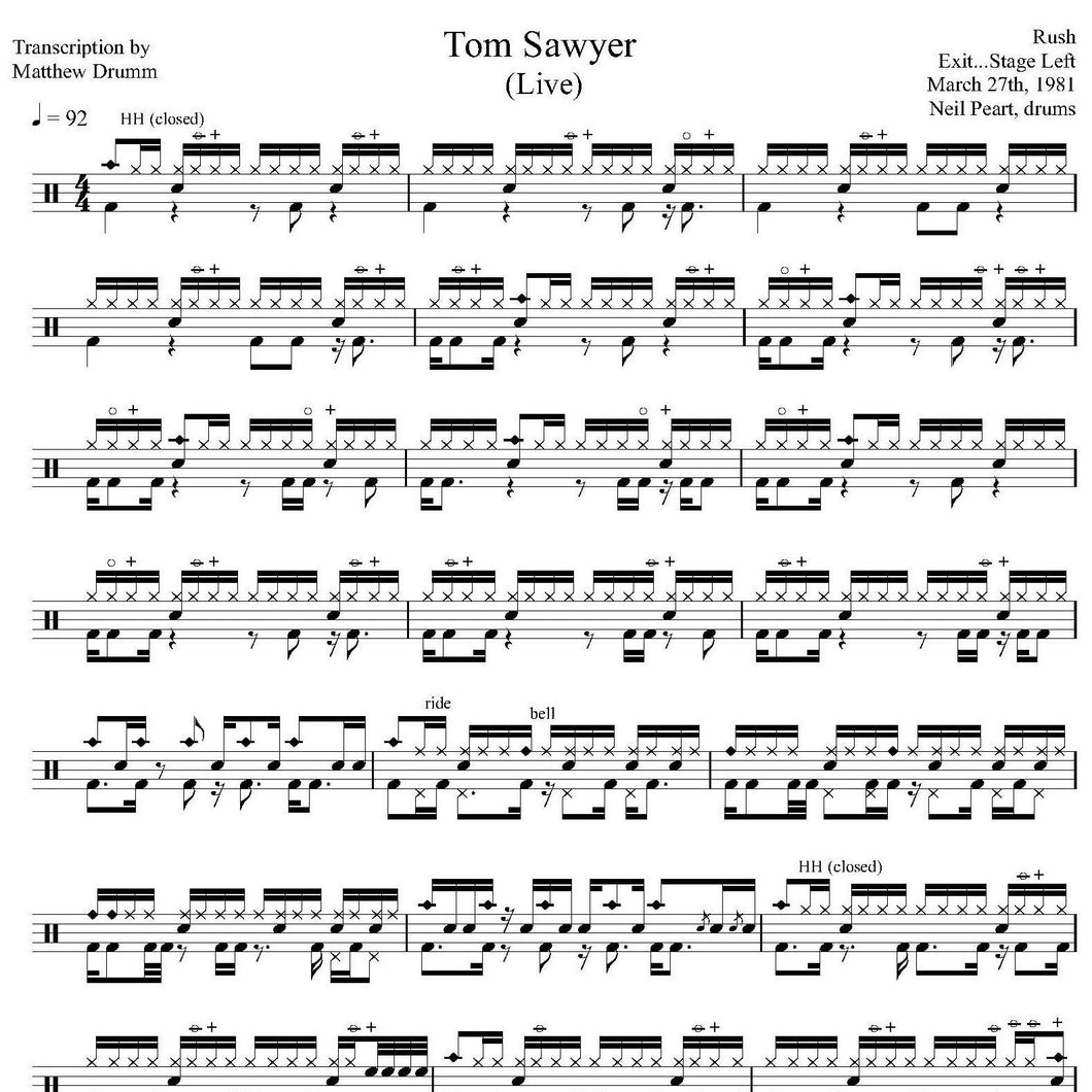 Tom Sawyer (Live in Montreal 1981 on Moving Pictures Tour from Exit...Stage Left) - Rush - Full Drum Transcription / Drum Sheet Music - Drumm Transcriptions