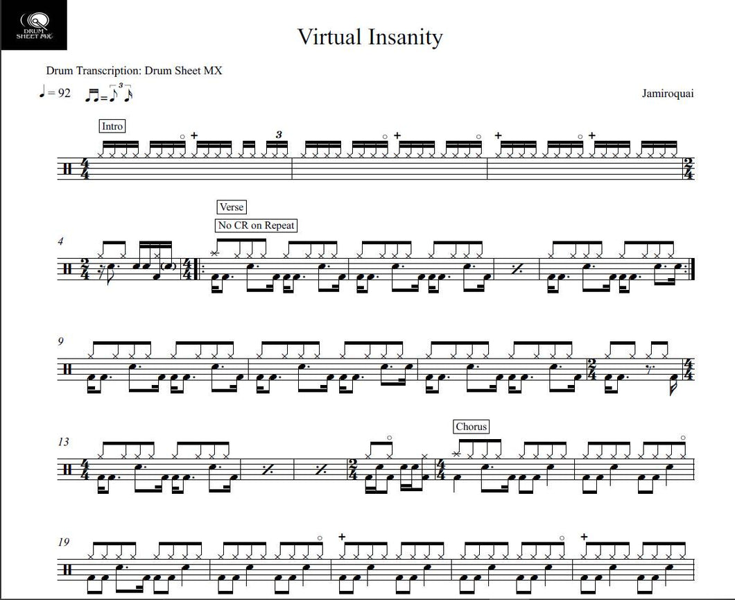 Virtual Insanity - Jamiroquai - Full Drum Transcription / Drum Sheet Music - Drum Sheet MX
