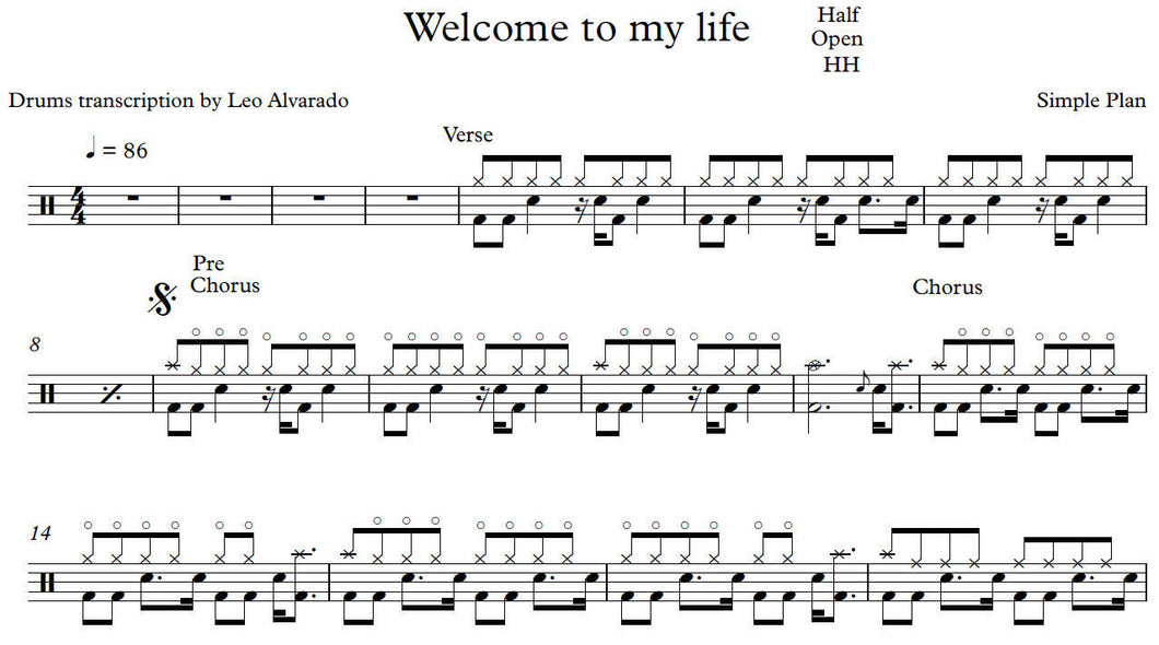 Welcome to My Life - Simple Plan - Full Drum Transcription / Drum Sheet Music - Leo Alvarado