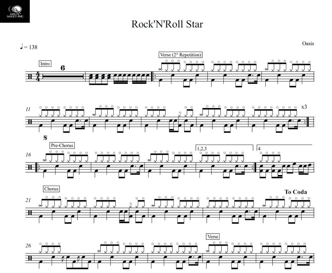 Rock 'N' Roll Star - Oasis - Full Drum Transcription / Drum Sheet Music - Drum Sheet MX