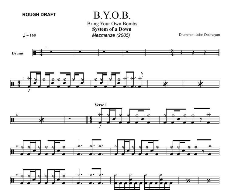 B.Y.O.B. - System of a Down - Rough Draft Drum Transcription / Drum Sheet Music - DrumSetSheetMusic.com