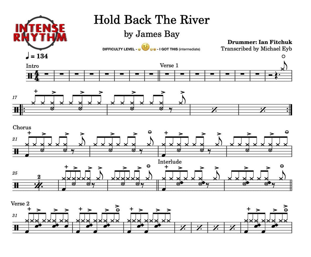 Hold Back the River - James Bay - Full Drum Transcription / Drum Sheet Music - Intense Rhythm Drum Studios