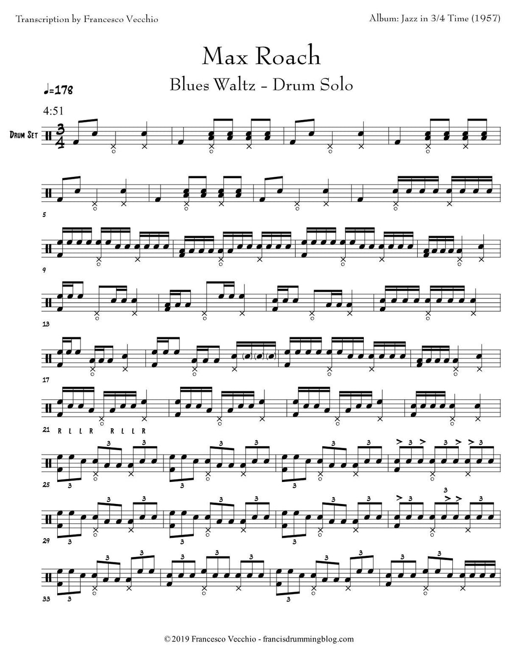 Blues Waltz - Max Roach - Drum Solo Transcription / Drum Sheet Music - Francis' Drumming Blog