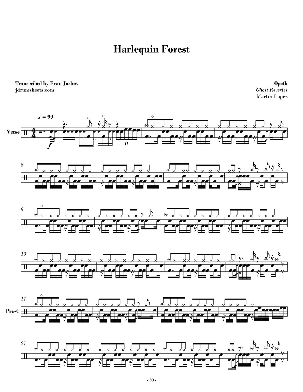 Reverie / Harlequin Forest - Opeth - Full Drum Transcription / Drum Sheet Music - Jaslow Drum Sheets