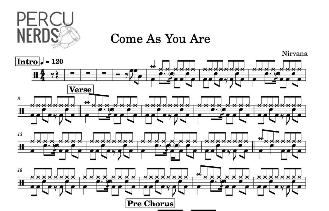 Come As You Are - Nirvana - Full Drum Transcription / Drum Sheet Music - Percunerds Transcriptions